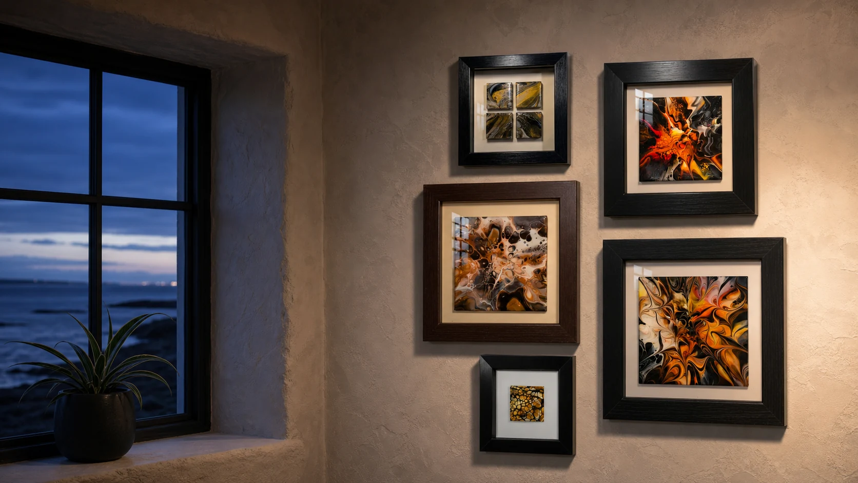 Five Wild Shore framed resin fluid artworks displayed beside a deep coastal window at dusk