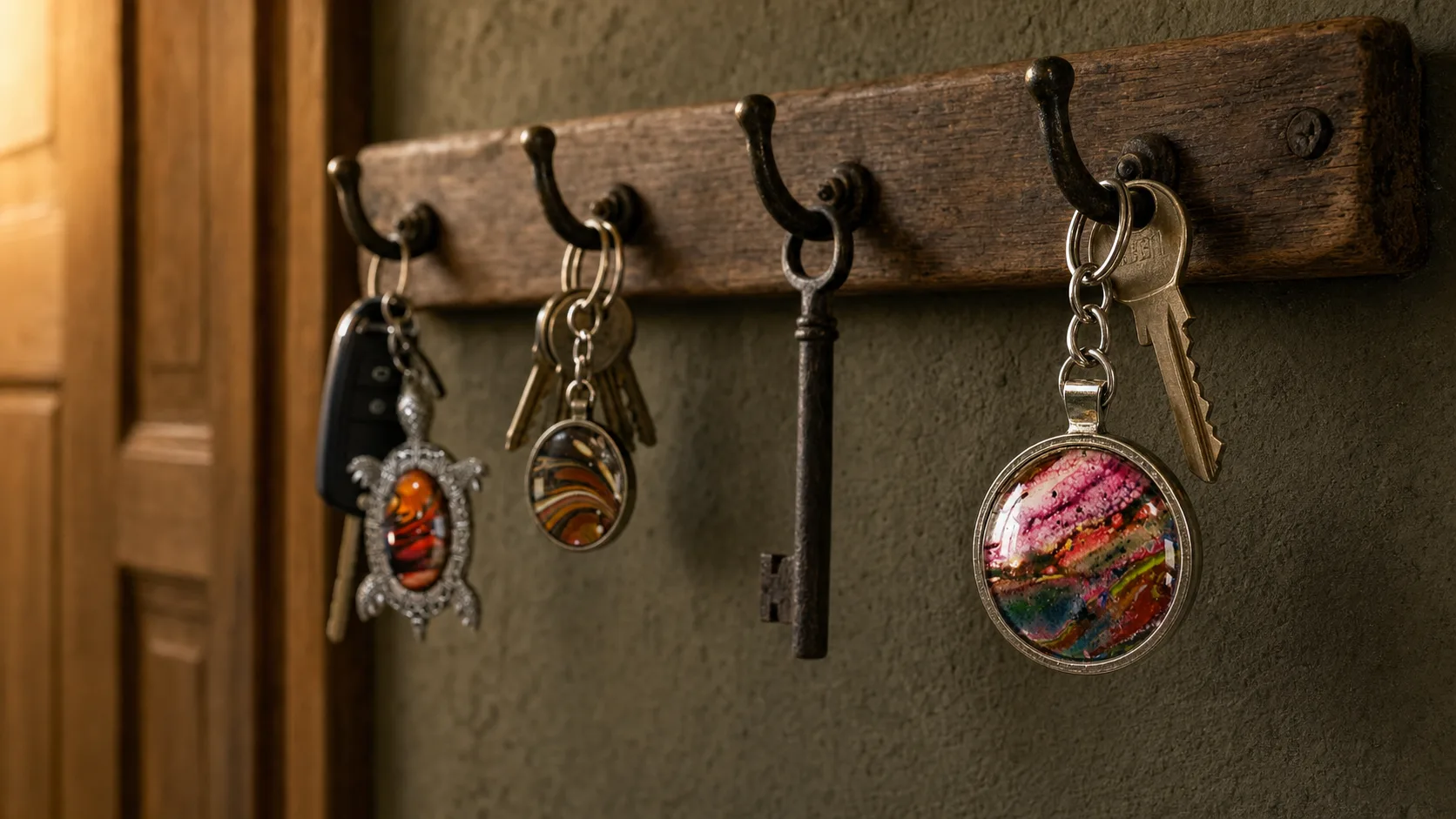 Wild Shore glass keyrings and keys hanging from an antique oak rack in a warmly lit cottage